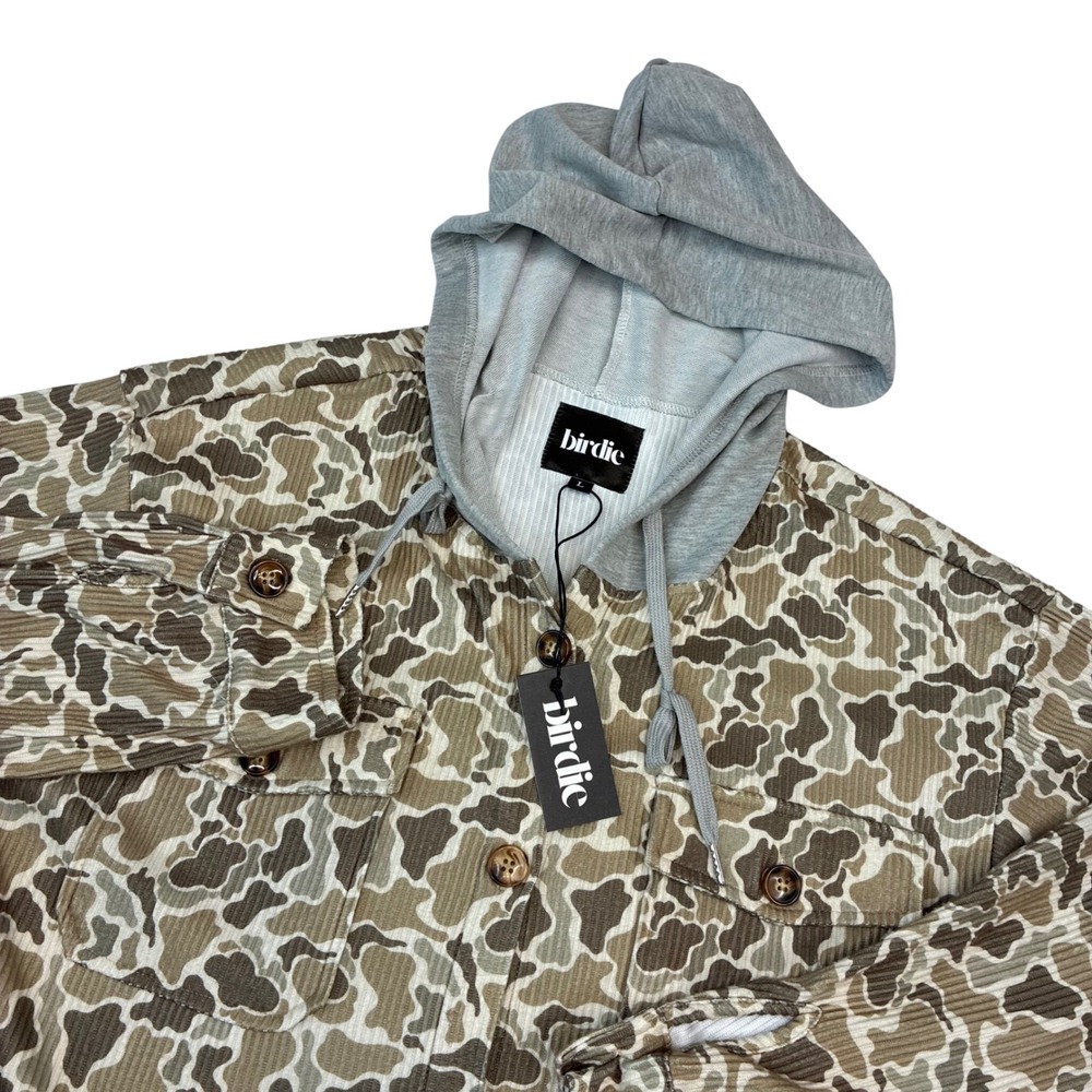 Birdie Hooded Shirt Jacket Mens L Tan Brown Camo Corduroy Utility Shacket NEW